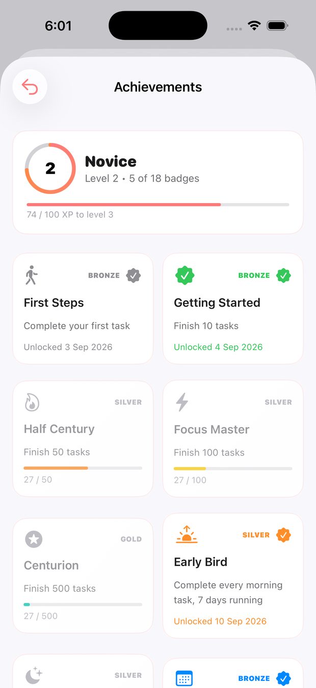 DayErly achievements with badges and level progress.