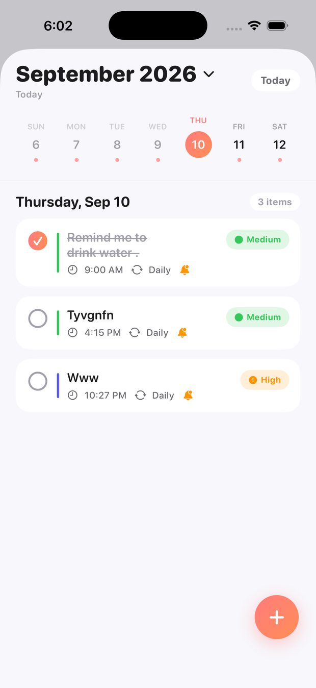 DayErly calendar showing a week strip and the day's items.
