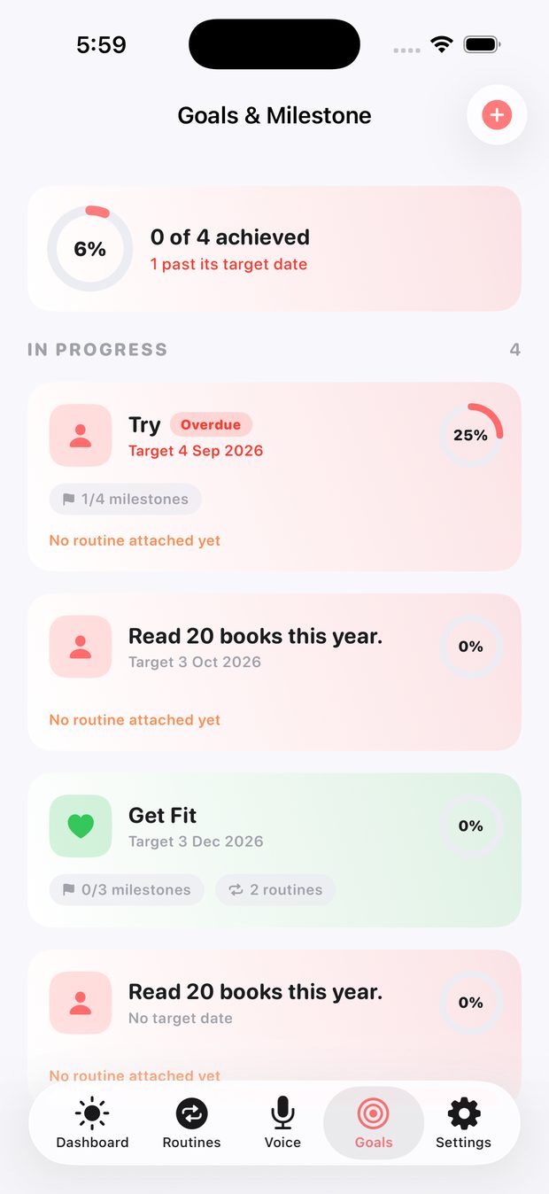 DayErly goals with progress rings and milestone counts.