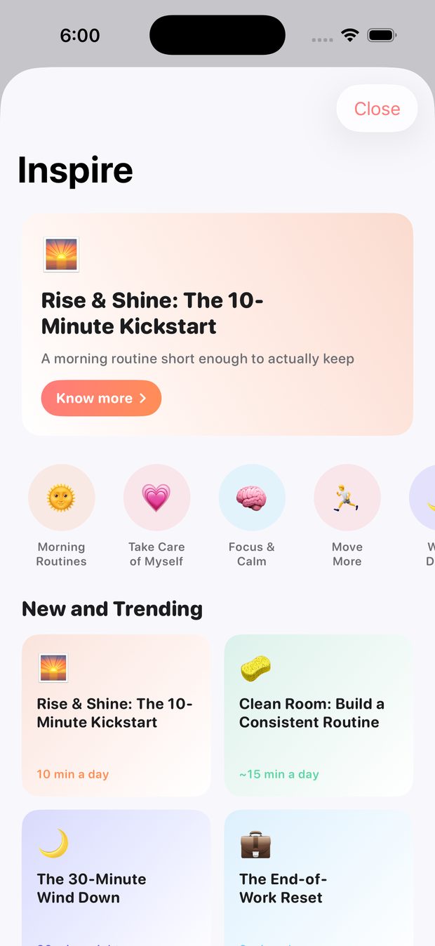 The Inspire browser with routine programs by category.