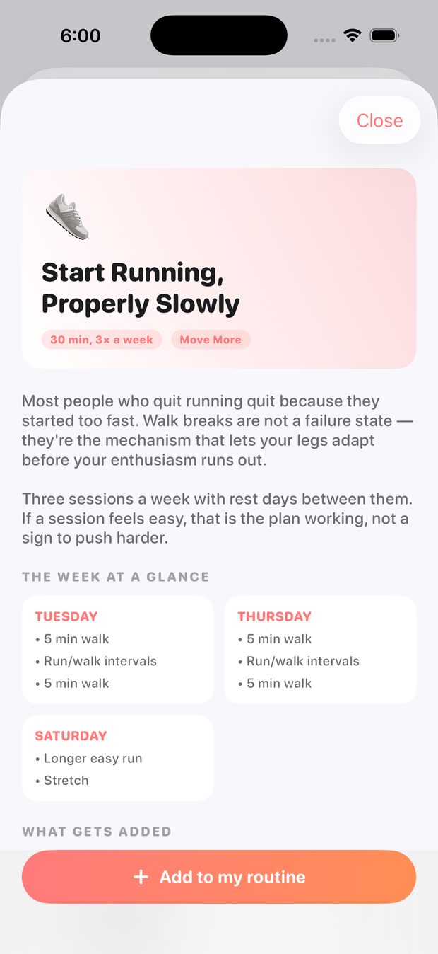 A routine program in DayErly called Start Running, Properly Slowly, with a weekly schedule.