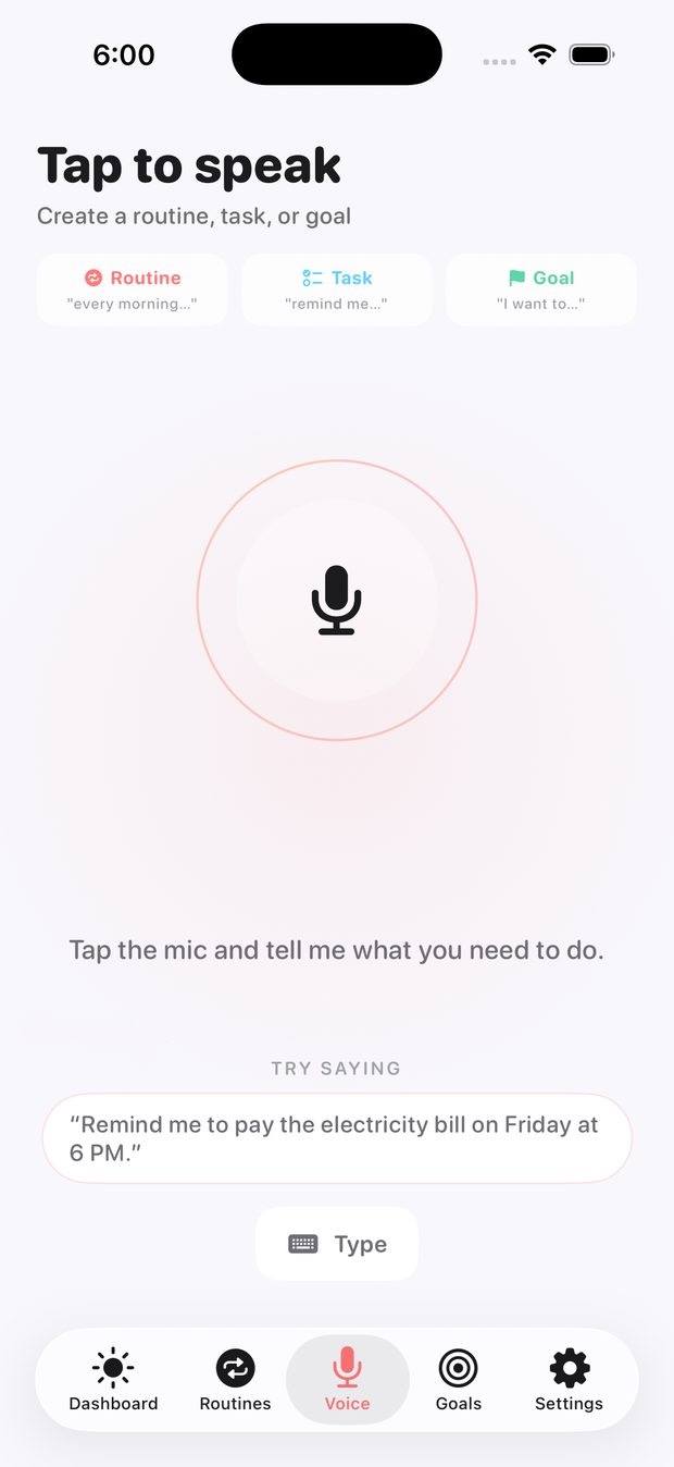 The DayErly voice capture screen with a microphone button and examples of what you can say.